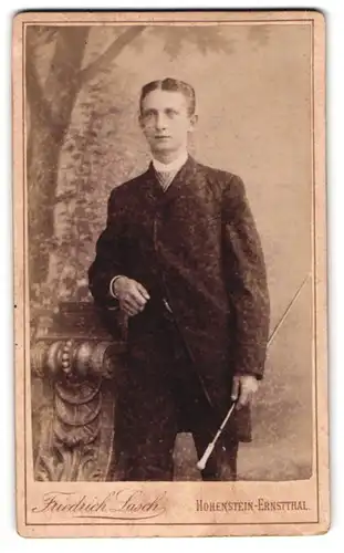 Fotografie Friedrich Lasch, Hohenstein-Ernstthal, Lungwitzer-Str., Junger Herr im Anzug mit Krawatte und Stock