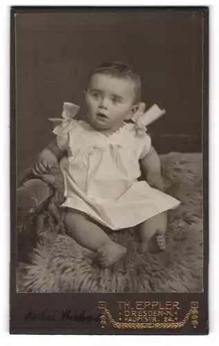 Fotografie Th. Eppler, Dresden-N., Hauptstr. 24, Süsses Kleinkind im Hemd sitzt auf Fell