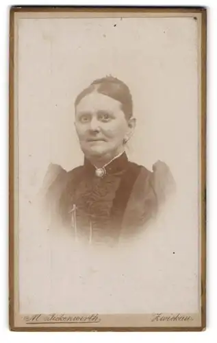 Fotografie M. Fickenwirth, Zwickau, Marienstr. 12, Ältere Dame mit Hochsteckfrisur und Kragenbrosche