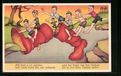 Künstler-AK Däumling und Gefährten mit den Siebenmeilenstiefeln