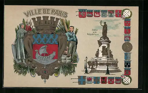 Präge-AK Wappen Ville de Paris mit Statue de la Republique und Länderwappen