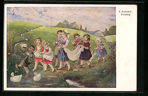 Künstler-AK Franziska Schenkel: Brautzug - Kinder spielen Hochzeit