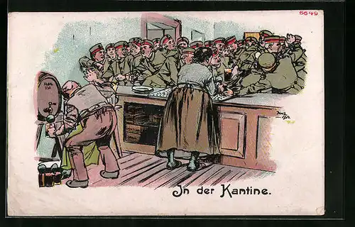 Künstler-AK Bruno Bürger & Ottillie Nr. 6649: In der Kantine - Drängelnde Soldaten in überfüllter Wirtschaft