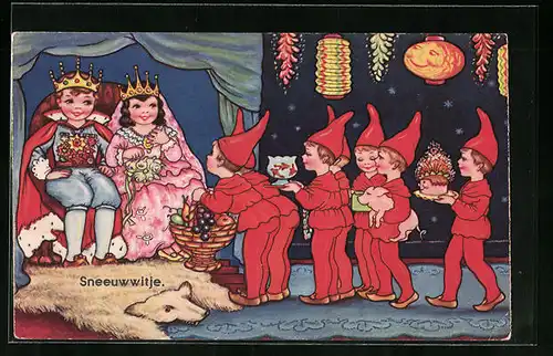 Künstler-AK Schneewittchen, Schneewittchen und ihr Prinz werden von den Zwergen beschenkt