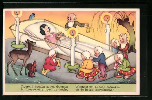 Künstler-AK Schneewittchen, Zwerge bei der Wacht an Schneewittchens Sarg