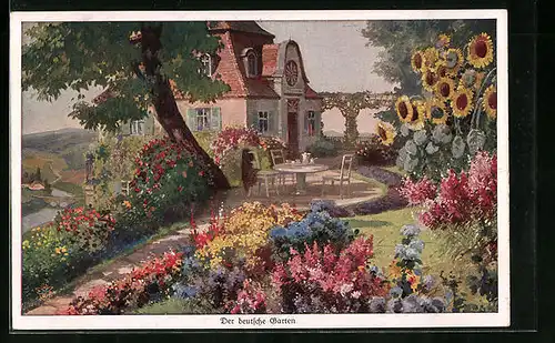 Künstler-AK Wohlgemuth & Lissner, Primus-Postkarte No. 1008: Der deutsche Garten, Gedeckter Frühstückstisch