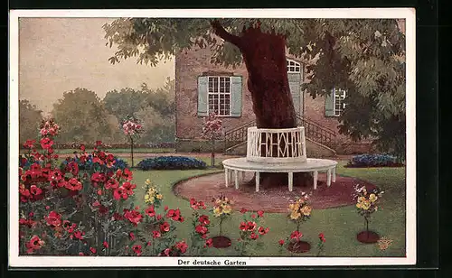 Künstler-AK Wohlgemuth & Lissner, Primus-Postkarte No. 1008: Der deutsche Garten, Blühende Rosensträucher