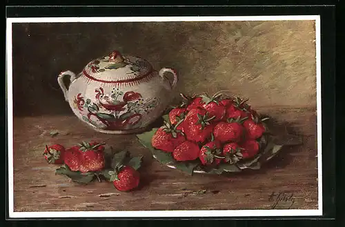 Künstler-AK Wohlgemuth & Lissner, Primus-Postkarte No. 1162: Aus sonnigen Tagen, Frische Erdbeeren, Stillleben