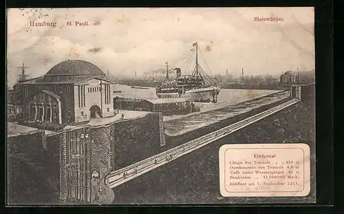 AK Hamburg-St. Pauli, Elbtunnel, Steinwärder mit Dampfer