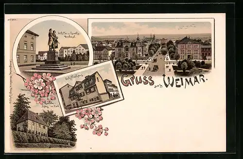 Lithographie Weimar, Schiller und Goethe Denkmal, Schifferhaus, Ortsansicht