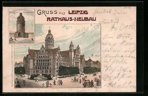 Lithographie Leipzig, Rathaus-Neubau und Thurm der Pleissenburg