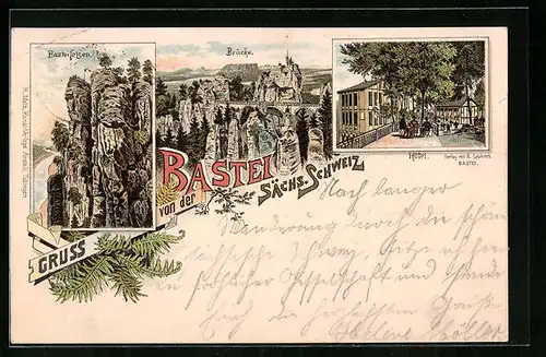 Lithographie Bastei /Sa., Basteifelsen, Brücke, Hotel