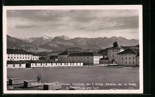 AK Sonthofen, Karpathenkaserne, Gebäude der 9. Komp., Baracke der 16. Komp., Stabsgebäude und Turm
