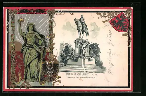 Präge-AK Frankfurt a. M., Kaiser-Wilhelm-Denkmal, Germania, Wappen