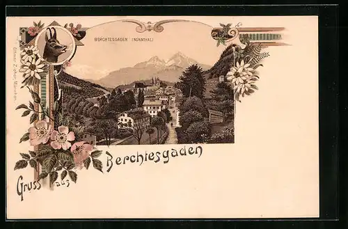 Lithographie Berchtesgaden, Ortsansicht aus der Vogelschau, Edelweiss