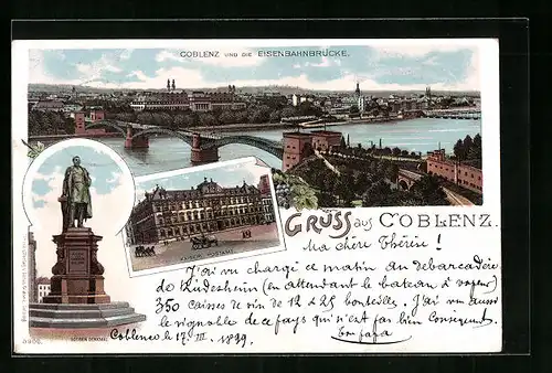 Lithographie Coblenz, Ortsansicht mit Eisenbahnbrücke, Goeben Denkmal