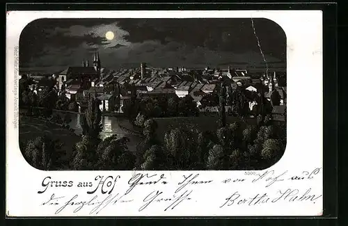 Lithographie Hof, Ortsansicht bei Nacht