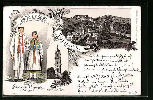 Lithographie Tübingen, Kaiser Wilhelm-Turm, Teilansicht der Ortschaft