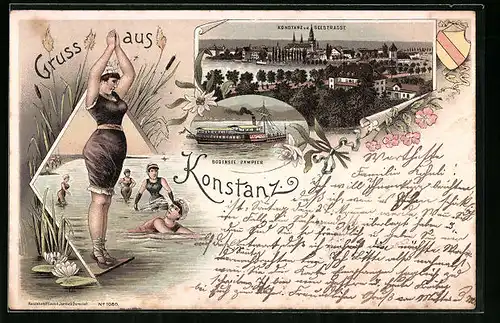 Lithographie Konstanz, Ortsansicht von der Seestrasse, Bodensee-Dampfer, Frauen in Bademode