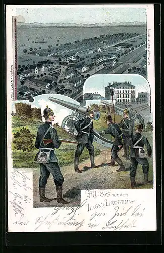 Lithographie Lager Lechfeld, Barackenlager aus der Vogelschau, Soldaten werden am Geschütz ausgebildet