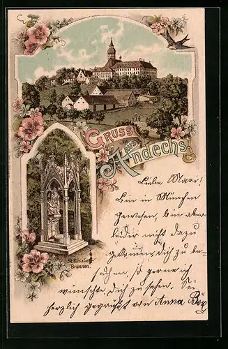 Lithographie Andechs, St. Elisabeth Brunnen, Blick zum Kloster