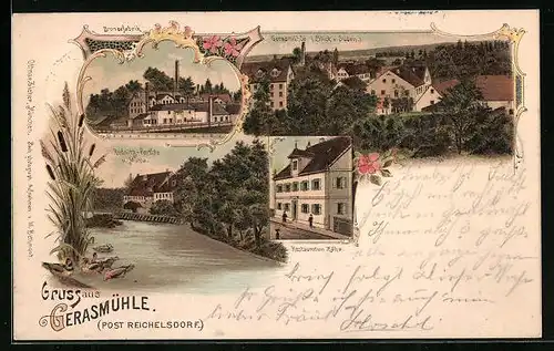 Lithographie Gerasmühle, Restaurant Zähe, Bronzefabrik, Rednitz-Partie und Mühle