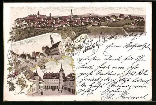 Lithographie Altdorf b. Nürnberg, Teilansicht, Seminar, Marktplatz