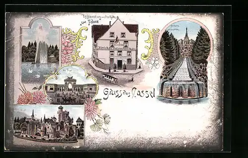 Lithographie Kassel, Restaurant zur Fahne, Herkules mit Cascaden, Au Tor