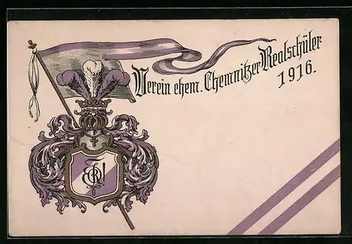 Künstler-AK Chemnitz, Verein ehemaliger Chemnitzer Realschüler 1916, Ritterhelm und Wappen, Absolvia