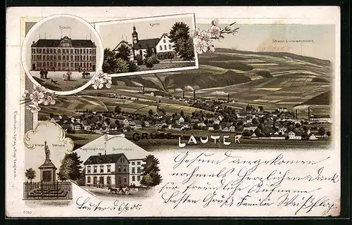 Lithographie Lauter / Sachsen, Buchbinderei Hugo Voigtmann, Schule, Kirche