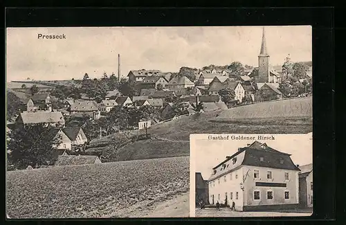 AK Presseck, Gasthof Goldener Hirsch, Teilansicht mit Kirche