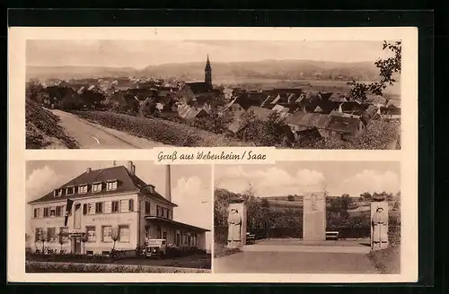 AK Webenheim /Saar, Molkerei, NS-Kriegerdenkmal, Ortsansicht aus der Vogelschau