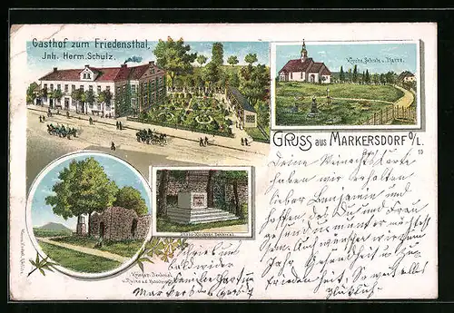 Lithographie Markersdorf /OL, Gasthof zum Friedensthal, Kirche, Schule und Pfarre