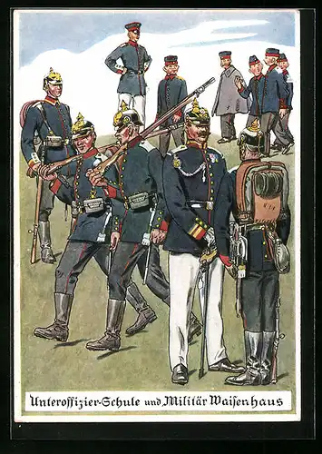 Künstler-AK Potsdam, Unteroffizier-Schule und Militär-Waisenhaus, Soldaten in Uniform