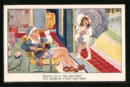 Künstler-AK sign. Jos Ruting: Kinder und das Regenwetter