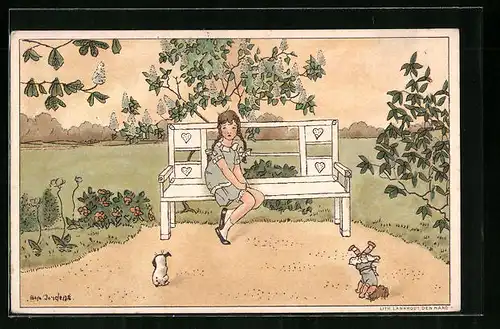 Künstler-AK sign. Jondens: Trauriges Mädchen auf Parkbank