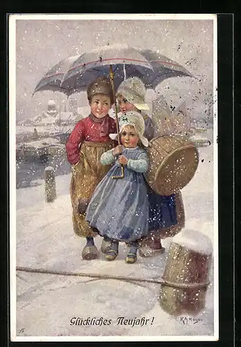 Künstler-AK Rudolf Alfred Höger: Kinder im Schnee mit Schirm