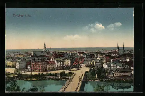 AK Zwickau, Panorama mit Brücke