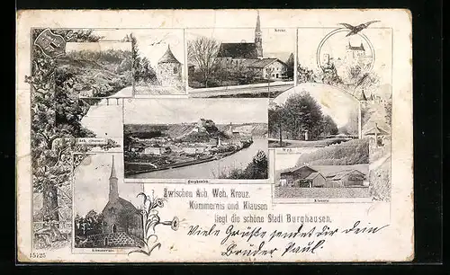 AK Burghausen, Ortsansicht mit Wasser, Kirche, Klausen