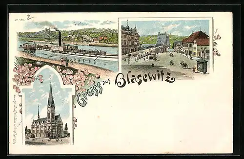 Lithographie Blasewitz, Strassenpartie mit Brücke, Flusspartie mit Dampfer Königin Carola, Kirche
