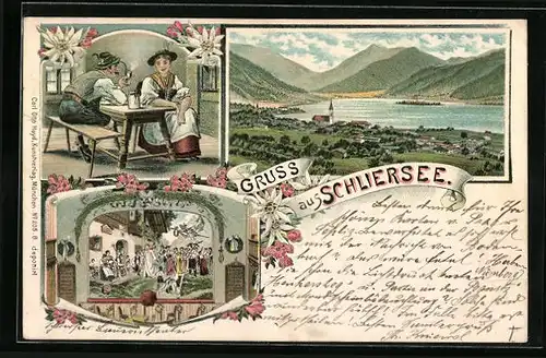 Lithographie Schliersee, Bauern in STube, Totalansicht mit Gebirge