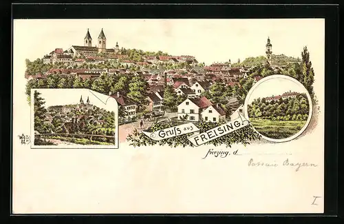 Lithographie Freising, Panorama mit Kirche