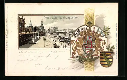 Passepartout-Lithographie Dresden, Strassenpartie am Landungsplatz, Wappen