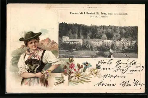 Passepartout-Lithographie Bad Reichenhall, Kuranstalt Lilienbad St. Zeno, Frau in Tracht