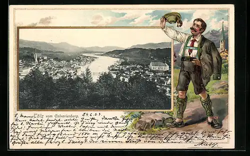 Passepartout-Lithographie Tölz, Totalansicht vom Calvarienberg, Wanderer in Tracht