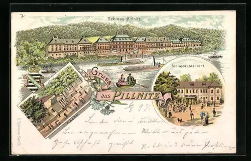 Lithographie Pillnitz / Dresden, Schlossrestaurant & Schloss, Wache, Elbe, Dampfer