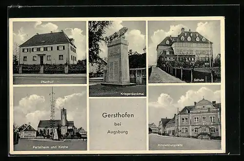 AK Gersthofen bei Augsburg, Parteiheim und Kirche, Pfarrhof, Kriegerdenkmal