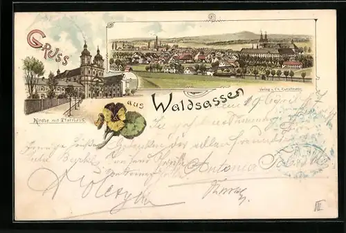 Lithographie Waldsassen, Teilansicht, Kirche mit Pfarrhaus