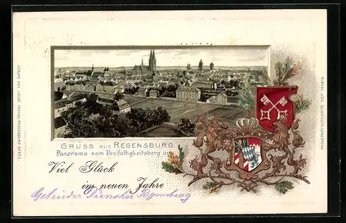 Passepartout-Lithographie Regensburg, Panorama vom Dreifaltigkeitsberg aus, Wappen, Neujahrsgruss