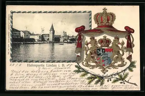 Passepartout-Lithographie Lindau i. B., Hafenpartie, Wappen